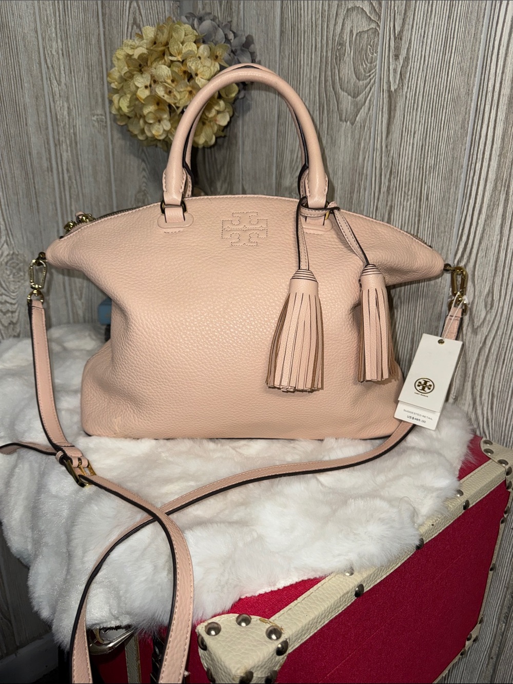 Tory Burch Thea Medium Pale Pink Pebbled Leather Satchel